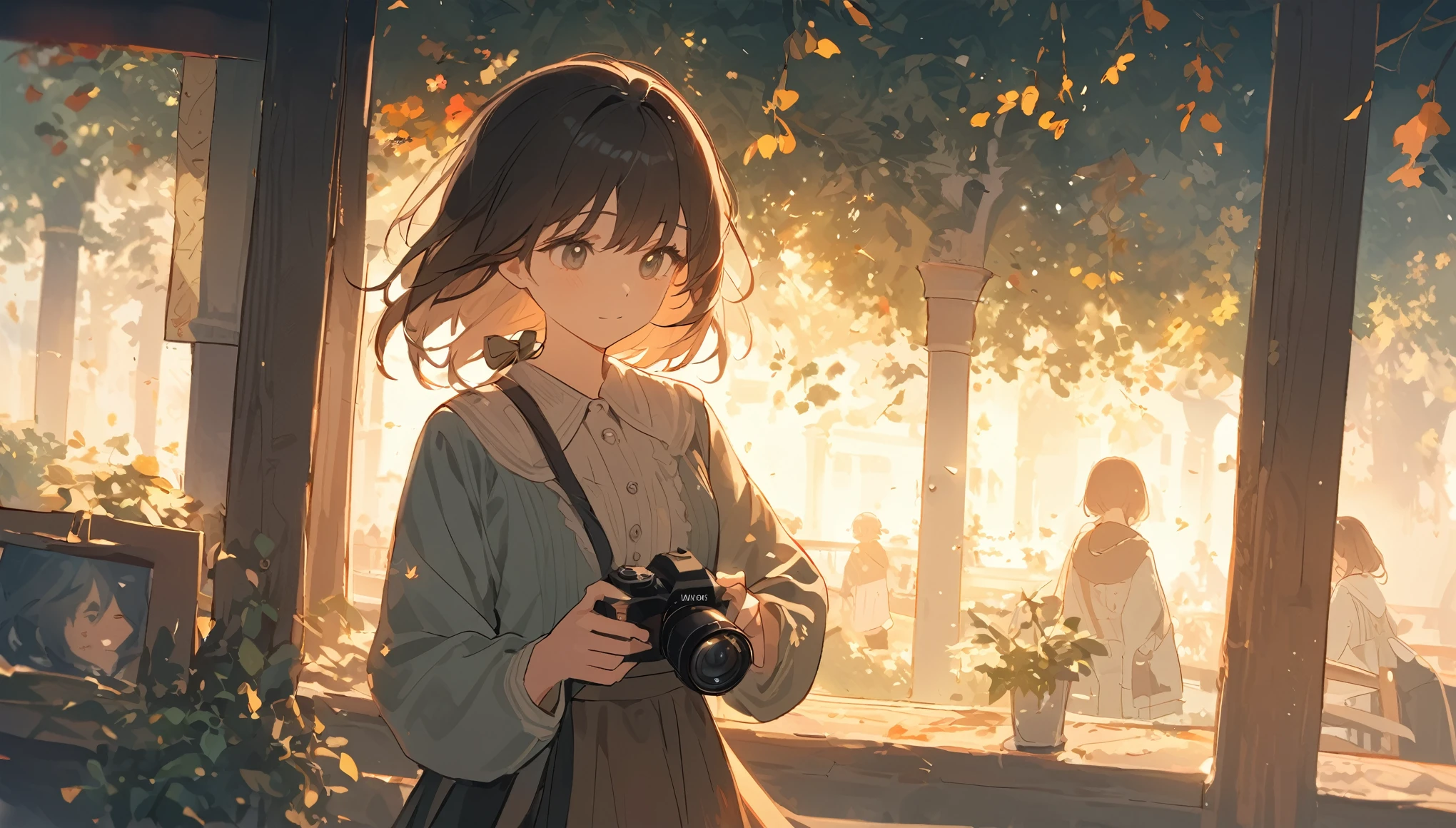 A high school girl standing in a gentle breeze, her hair swaying softly. She gazes deeply at everything around her—each object and person precious in her eyes. She holds her camera close, as if trying to preserve every cherished moment forever in her film. The scene radiates warmth and sentimentality, with soft wind and sunlight enhancing the peaceful, emotional atmosphere. She wishes to capture not just the scene, but also the feelings in her heart.