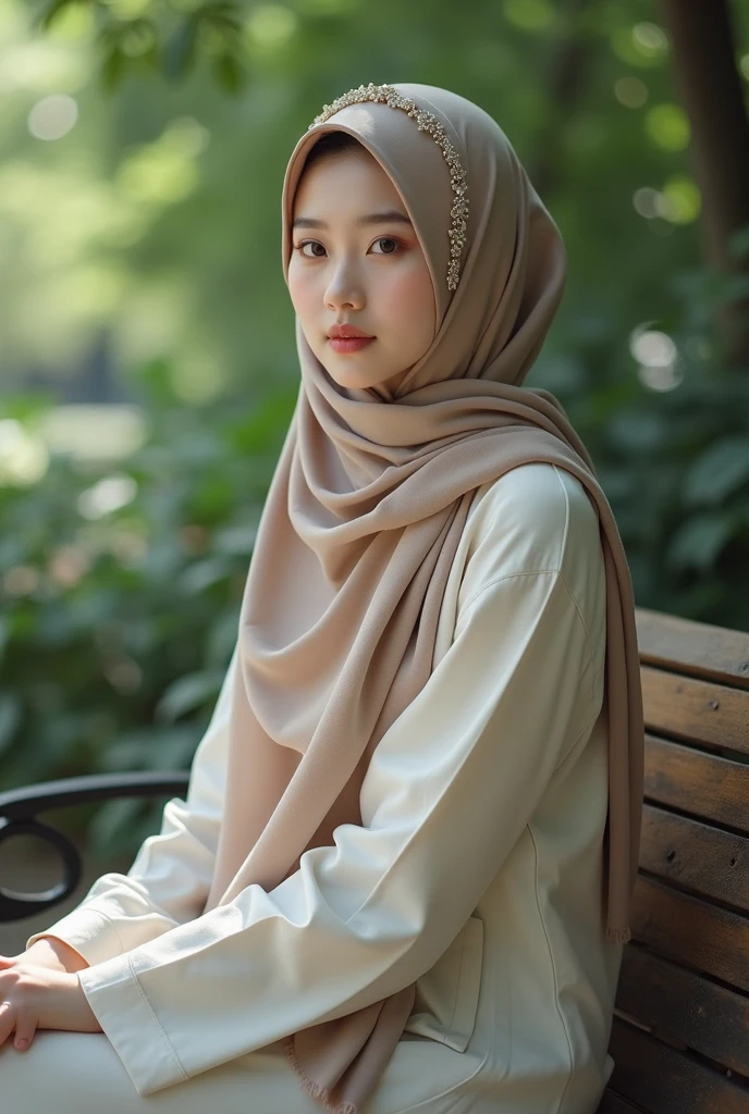 Korean girl, beautiful girl in hijab, 19 year old girl, perfect face, expressive eyes, makeup, eyeshadow, eyeliner, luxurious hijab, patterned hijab, hijab decoration, brooch, shiny lips, smile, being in a busy mall, cafe