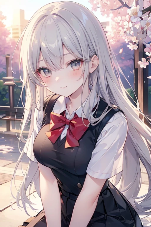 masterpiece,best quality,highres,ultra-detailed,aaloo,long hair,two side up,bangs,hair ribbon,(black hairband:1.2),breasts,<lora:loo:0.6>,pantyhose,outdoors,cherry blossoms,street,smile,(school uniform:1.2),sweater vest,