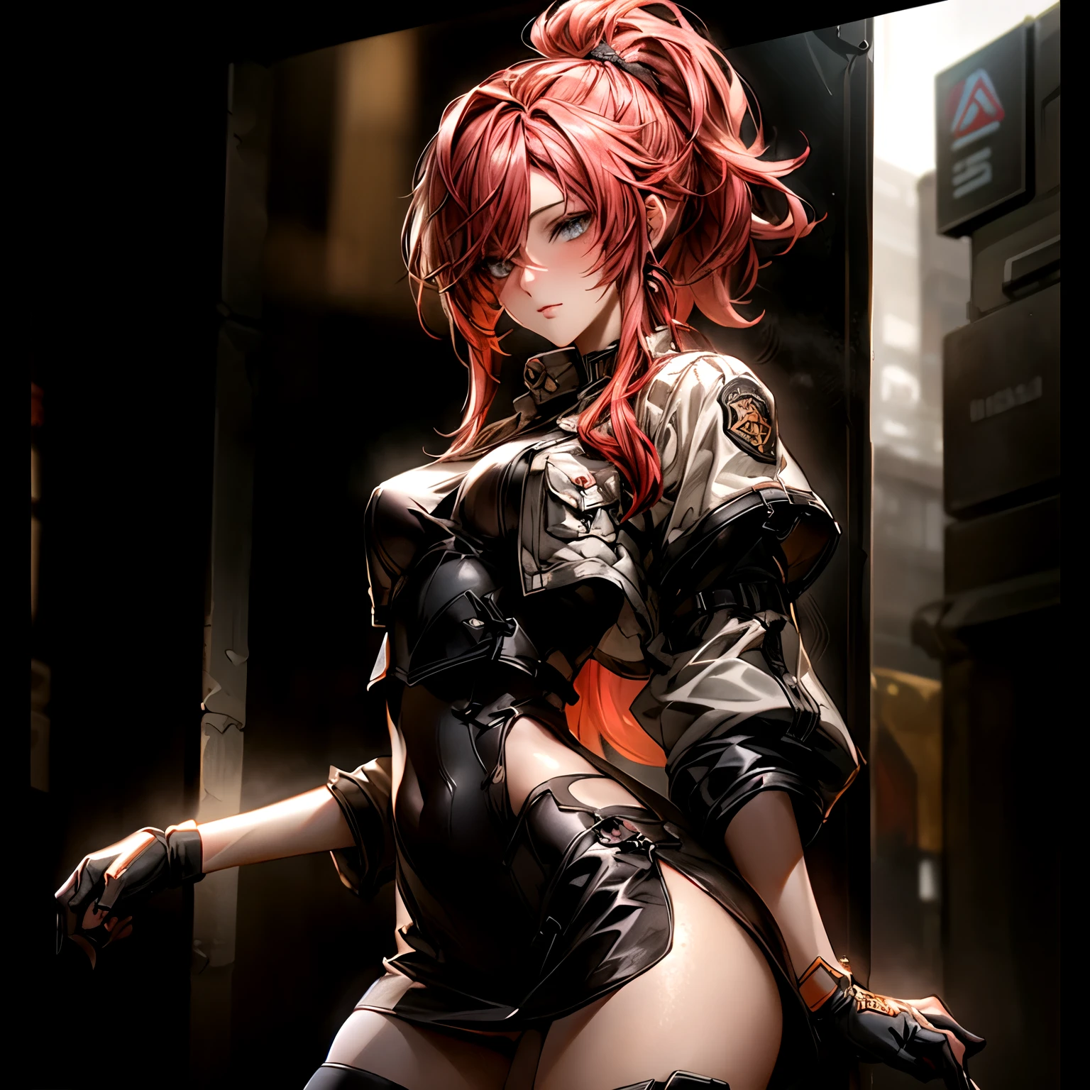 battle bunny miss fortune, miss fortune, 1girl, orange hair, purple jacket, iridescent jacket, cyberpunk city, masterpiece, highly detailed
