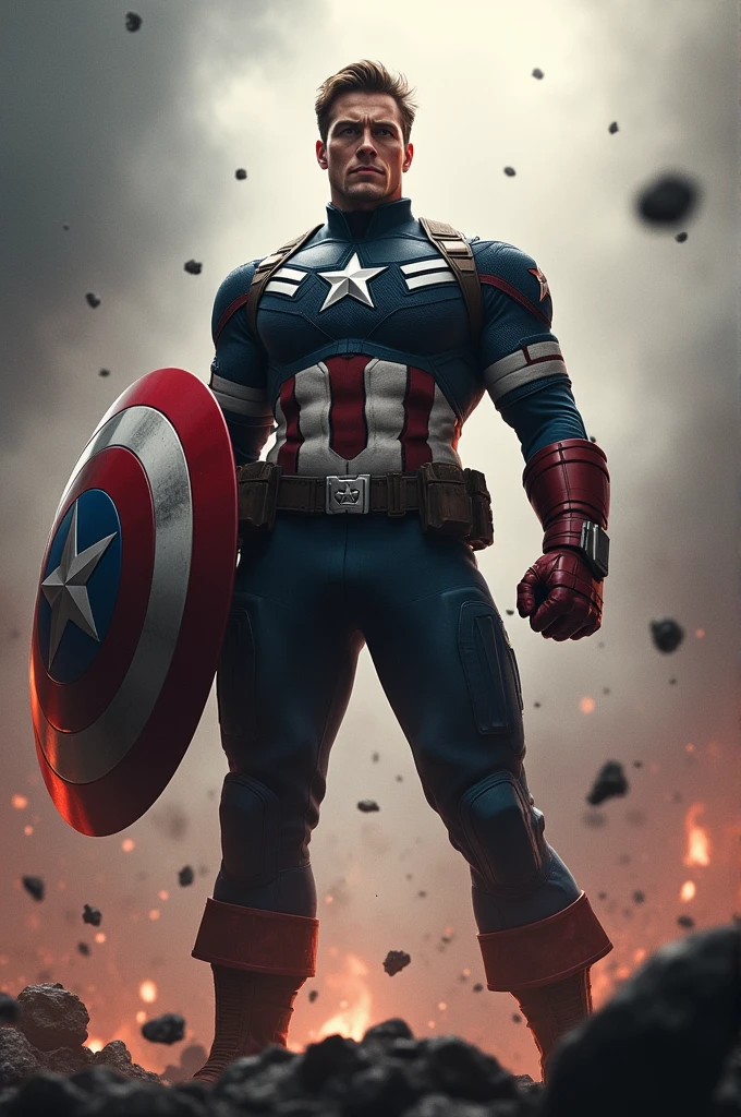 A muscular superhero named Captain America in raincoat , symbolizing my waterproofing product  ,  protecting a house from the rain by holding a shield , above the house 
