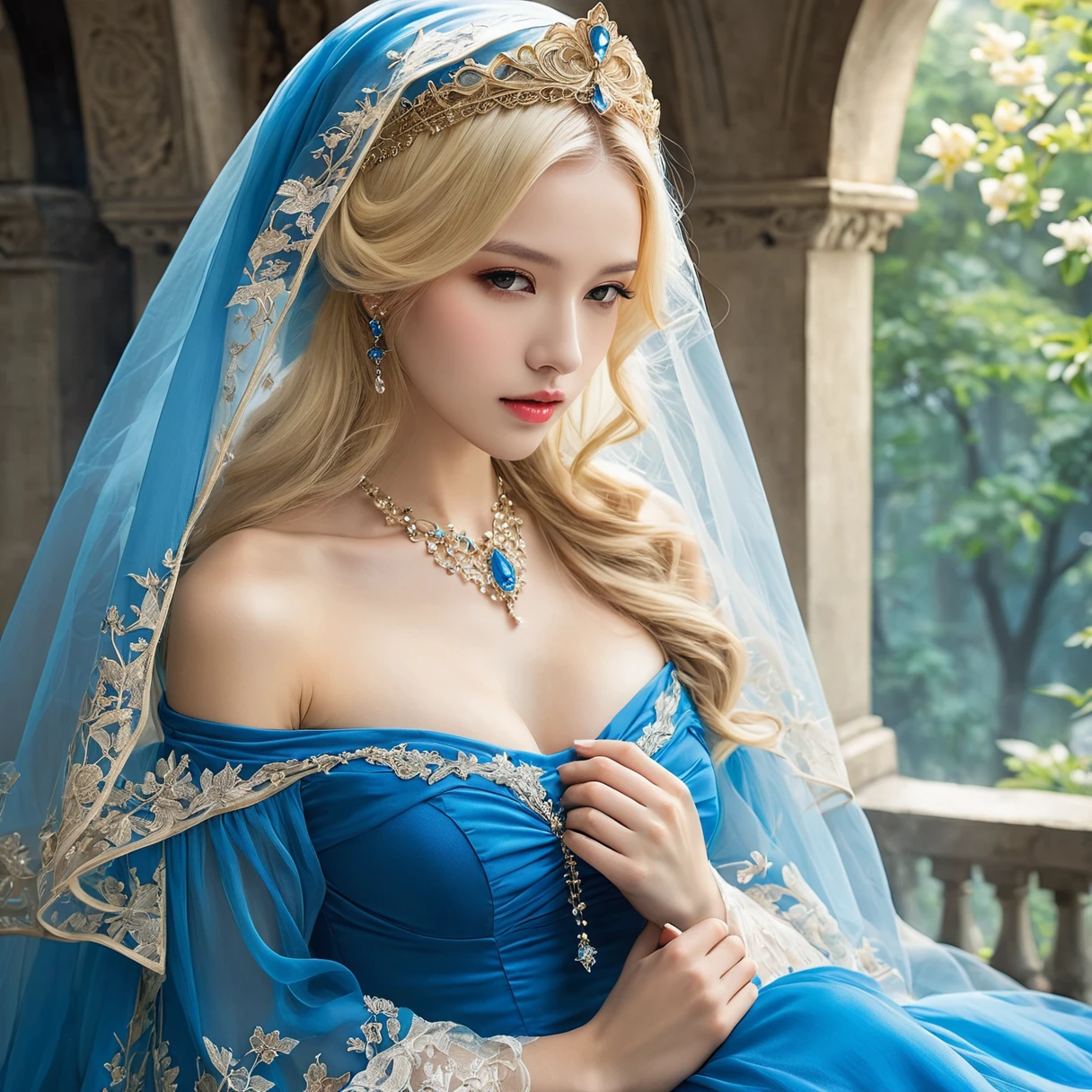 Wearing a blue dress and veil、Blonde woman with a veil on her head, Beautiful fantasy maiden, 詳細なFantasy art, 美しいFantasy art, blonde princess, Art Station Pixiv&#39;ArtJam, Beautiful maiden, ((Beautiful Fantasy Empress)), 2. 5D CGI Anime Fantasy Artwork, Fantasy artスタイル, Detailed digital anime art, Fantasy art