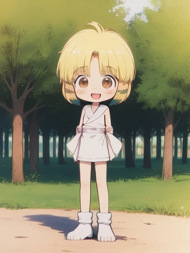 nyannyan, 1girl, solo, blonde hair,  open mouth, brown eyes, short hair, multicolored hair, blush, child, masterpiece, best quality, very aesthetic, absurdres, 1girl, smile, looking at viewer, open mouth, blush, eyebrows visible through hair, :d, standing by self, embarrassed, white legwear, smile, looking at viewer, standing by self, (flat chest, ***********:1.3), full body, HDR, uhd, front shot, public park, Desert, Lotus, Pokémon, White Wolf, Colorful Gradient, Clay Animation, Architectural Design