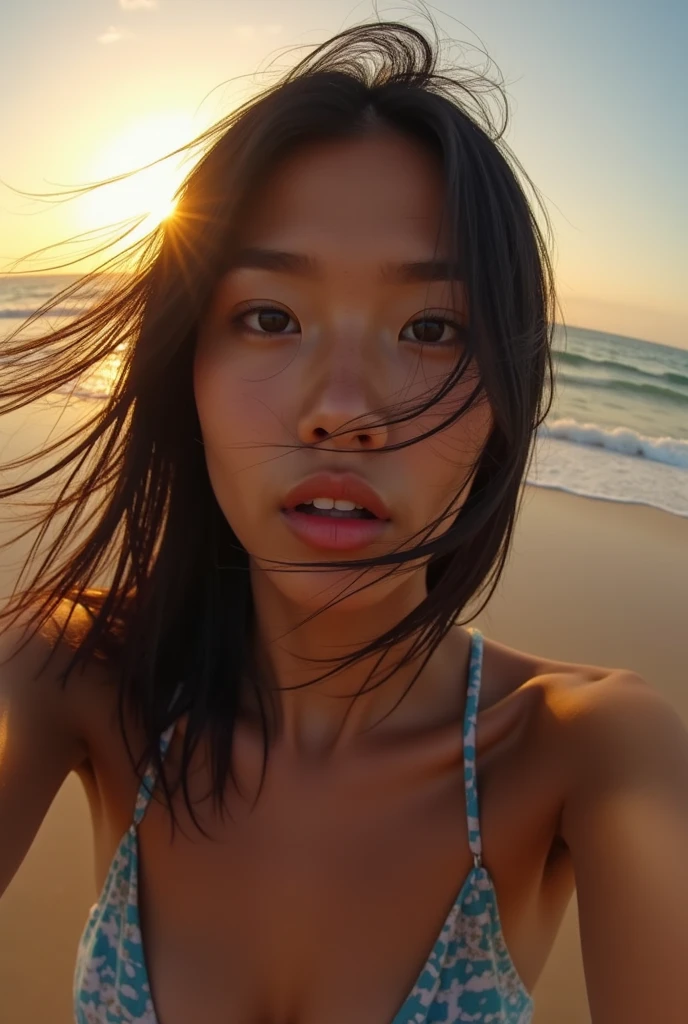 selfie, photo with GoPro camera pretty Hong Kong girl, naked,on beach, wet, smile, sharp face, soft Lighting, fisheye lens, sun flare,