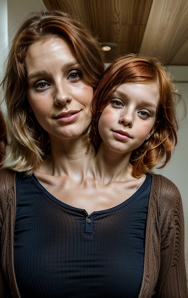 2heads, (one head young child:1.5), (one head adult:1.5), (a brunette and a blonde:1.2), (uncomfortable and upset:1.2)