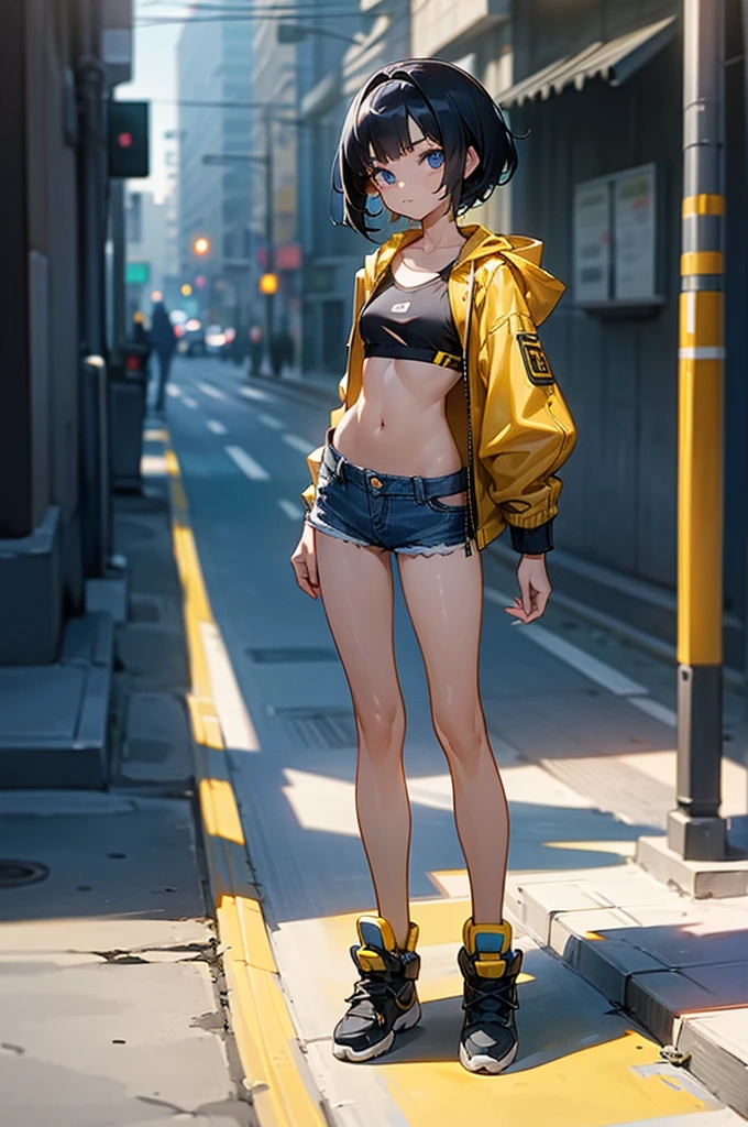 (one girl, very short, very petite), [-yeld, ]1, , ], 1, short black hair, blue eyes, wearing [yellow sports bra] with very short crop jacket, denim shorts, (highly detailed face, properly proportioned body, Ultra HD, (Full-Body, Full Body), good anatomy, focused on girl), (background: outside, street, slight blurred background), (Anime style, natural light, cinematic, ultrasharp, 8K, masterpiece, looking at viewer)