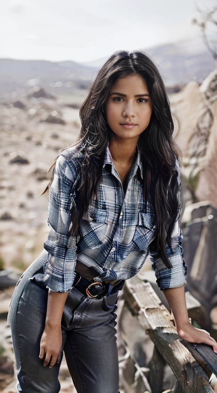 Foto hiperrealista en primer plano de Kelsey Asbille (native American ((light dark skin))), masterpiece, best quality, (photorealistic:1.4), full body,  (blue buttoned plaid flannel shirt:1.1) and (blue pants:1.1), (boots:1.2), on the ranch, grey day, Montana mountains in the background, cinematic light, beautiful woman, skinny, large big breasts, black long hair, detailed face, smile, facing the camera, photo taken from a distance, age of 2, camera filter on pastel gray colors,, grey filter on camera