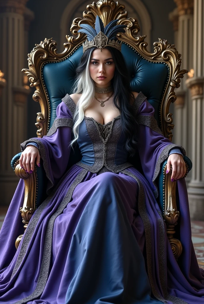 ((masterpiece, photorealistic:1.4, extremely intricate:1.3, photon mapping, radiosity, physically based rendering, ultra resolution, hyper-realistic, photorealistic:1.4, hyper-realistic, 8K)), ((solo athletic teenage supermodel, (satisfied, serious, aloof, ((([large breasts:huge breasts:0.5])) fantasy purple etched brocade elegant dress, black cape, ((queen))), necklace, Makeup:1.0, red lips, (((long straight hair))) [blonde hair:dark hair:0.5], [skin detail:freckles:0.7]))), fujicolor, ((she sits on a black chrome throne)) in a medieval castle throne room