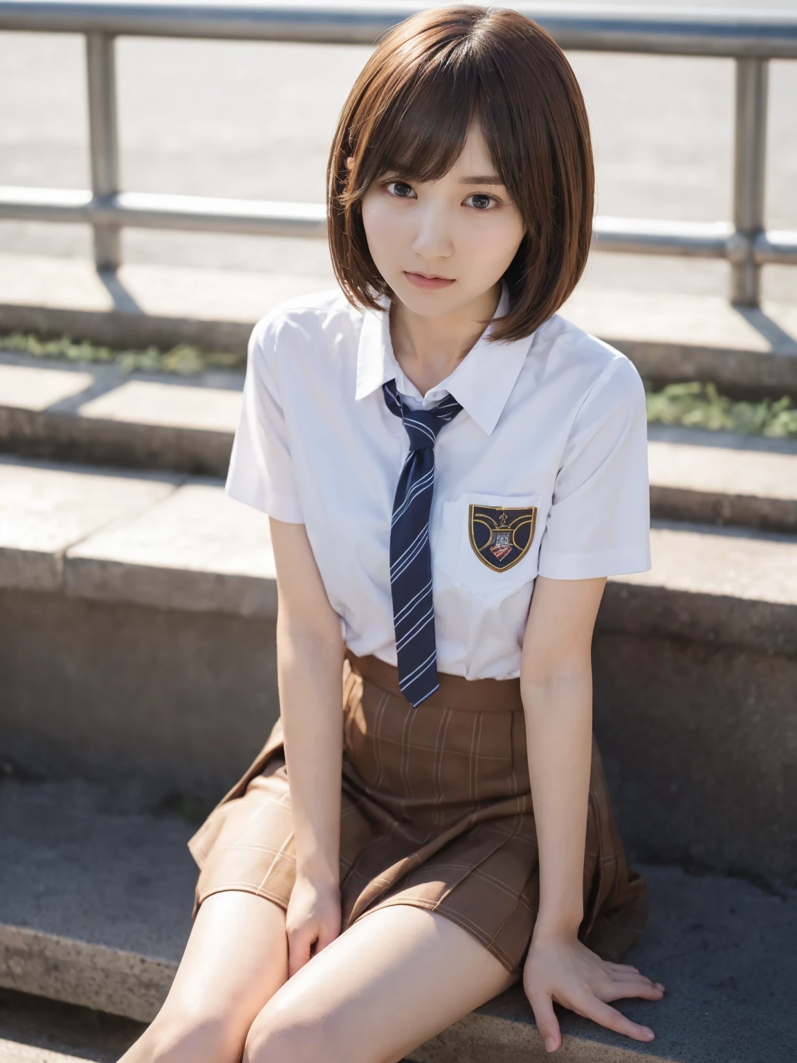 (masterpiece, Best Quality, Best Quality, Official Art, beautifully、aesthetic:1.2), (Realistic,RAW Photos, Best Quality),(One girl), (Misaka Mikoto Cosplay:1.2)、Clear images、Best Quality、8k、Brown Hair、Asymmetrical Very Short Hair、hairpin、Tokiwadai Junior High School short sleeve uniform、School、Arms crossed、mini skirt,jacket, Loose socks、sit&#39;knees,(hugging own legs:1.4),panties,Her skirt is rolling up,常盤台中School,Squat,A see-through bra wet from the rain,