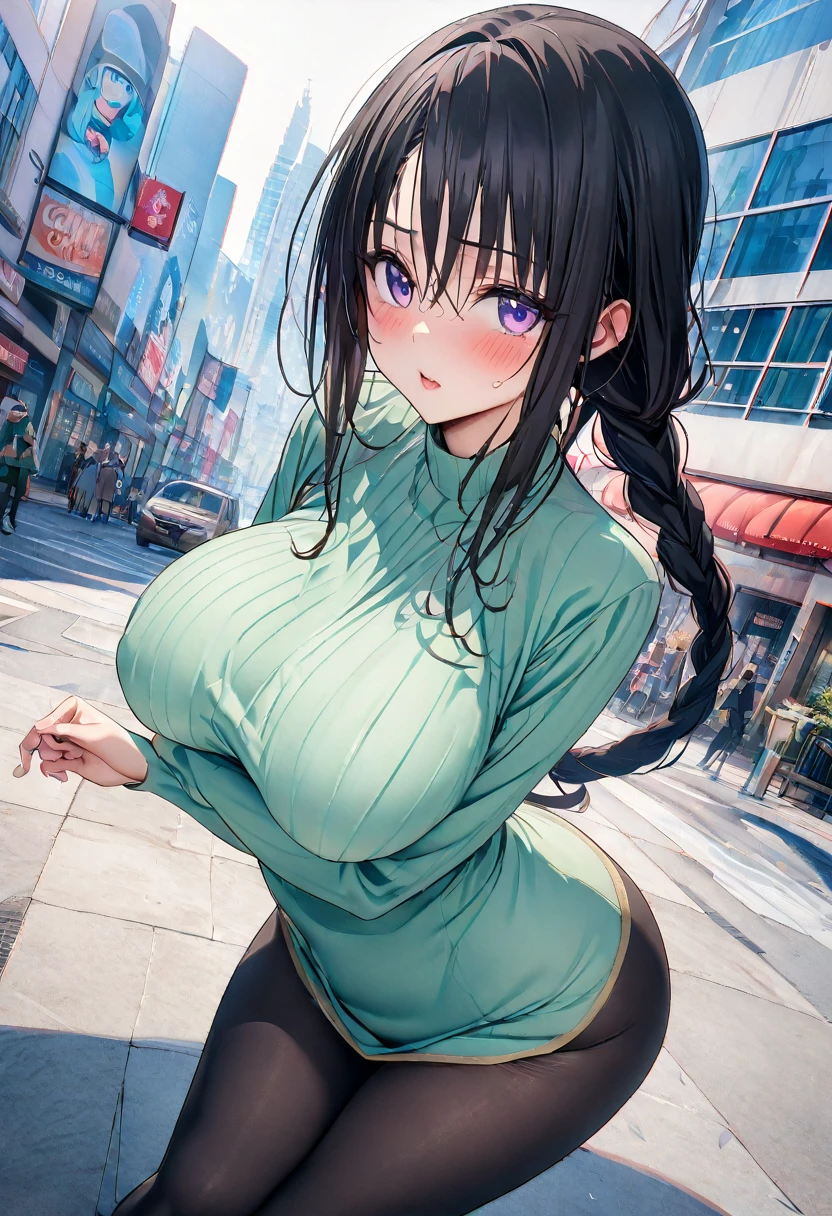 ((masterpiece,Best Quality,8k,Ultra-high resolution)),  1 person　、Adult women in their 20s　,  Momo Juvenile Deviluke,                                     Browse your audience　、　blush　 、     Black Hair　　(Part your bangs in the middle　) 、　Braided Ponytail　, Long Hair　　 、Light purple eyes　、　The body is slim　,   Big Breasts　、　(Goodwill clothing　)、　Thin tights　、　City、　(Gal Peace)