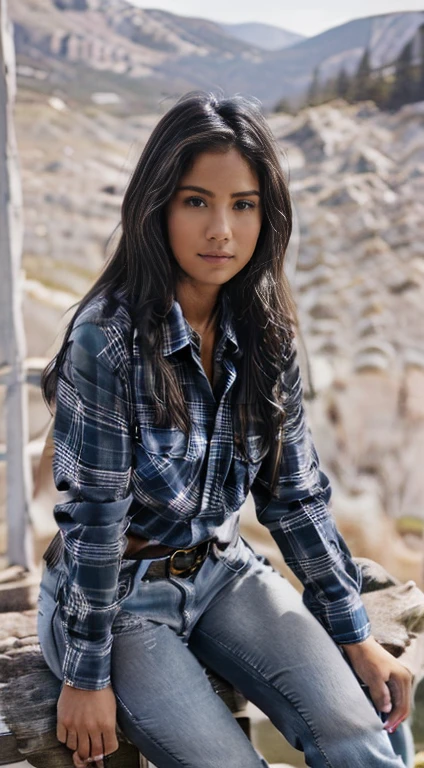 Foto hiperrealista en primer plano de Kelsey Asbille (native American ((light dark skin))), masterpiece, best quality, (photorealistic:1.4), full body,  (blue buttoned plaid flannel shirt:1.1) and (blue pants:1.1), (boots:1.2), on the ranch, grey day, Montana mountains in the background, cinematic light, beautiful woman, skinny, large big breasts, black long hair, detailed face, smile, facing the camera, photo taken from a distance, age of 2, camera filter on pastel gray colors,, grey filter on camera