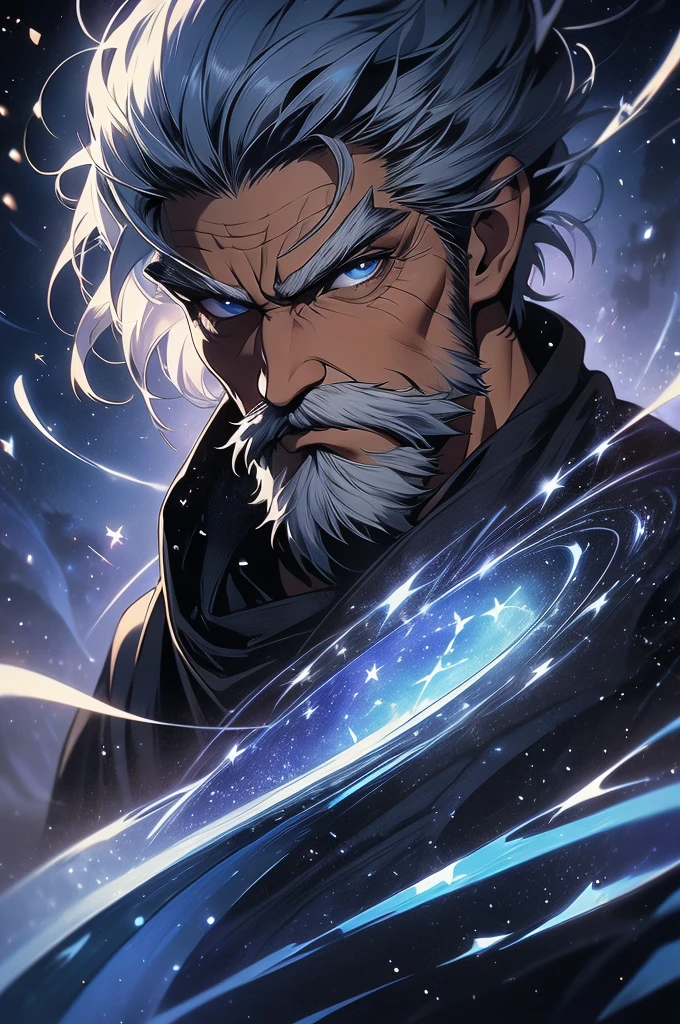 Kaelen has the appearance of an elderly sage, with graying hair and a long beard that floats lightly in the air. His eyes are deep and shine like a sky full of distant stars, showing his connection with the flow of time. He wears a long, simple dark blue cloak decorated with symbols of clocks and constellations. Around him, small particles of light, like stardust, constantly fluctuate, as if time were always around him, flowing erratically. (Image focused on the character's face)