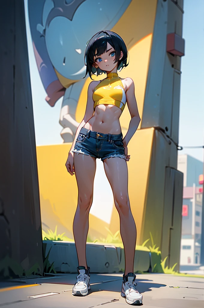 (one girl, very short, very petite), [1, ], [1, , ], 1, short black hair, blue eyes, wearing [yellow sports bra], denim shorts, (highly detailed face, properly proportioned body, Ultra HD, (Full-Body, Full Body), good anatomy, focused on girl), (background: outside, street, slight blurred background), (Anime style, natural light, cinematic, ultrasharp, 8K, masterpiece, looking at viewer)