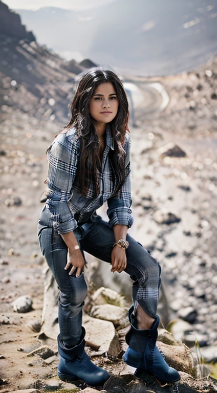 Foto hiperrealista en primer plano de Kelsey Asbille (native American ((light dark skin))), masterpiece, best quality, (photorealistic:1.4), full body,  (blue buttoned plaid flannel shirt:1.1) and (blue pants:1.1), (boots:1.2), on the ranch, grey day, Montana mountains in the background, cinematic light, beautiful woman, skinny, large big breasts, black long hair, detailed face, smile, facing the camera, photo taken from a distance, age of 2, camera filter on pastel gray colors,, grey filter on camera