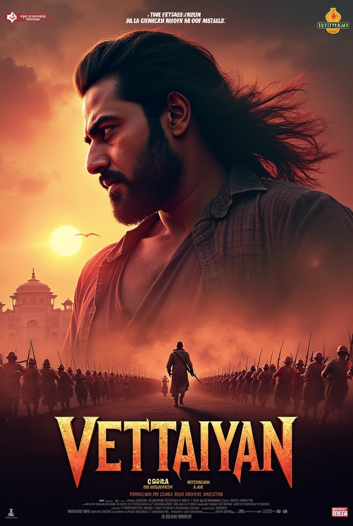 Create a dynamic and intense poster featuring a flexible body, but not bulky muscular body, holding a burning torch in his hand. The warrior should have long, wavy hair, a thick beard. His attire should consist of a sleeveless, rough-textured garment, emphasizing his powerful arms, with blood.Surround him with a dark, chaotic background filled with flickering torches, and a crowd of shadowy figures in the distance. The overall color scheme should be warm, dominated by shades of orange and black, creating a fiery, dramatic atmosphere. At the top, include bold, metallic text resembling ancient, weathered stone, with intricate engravings, spelling out 'A.R.M' in large, impactful letters. The mood should be intense and full of action, capturing the essence of a legendary warrior ready for battle.