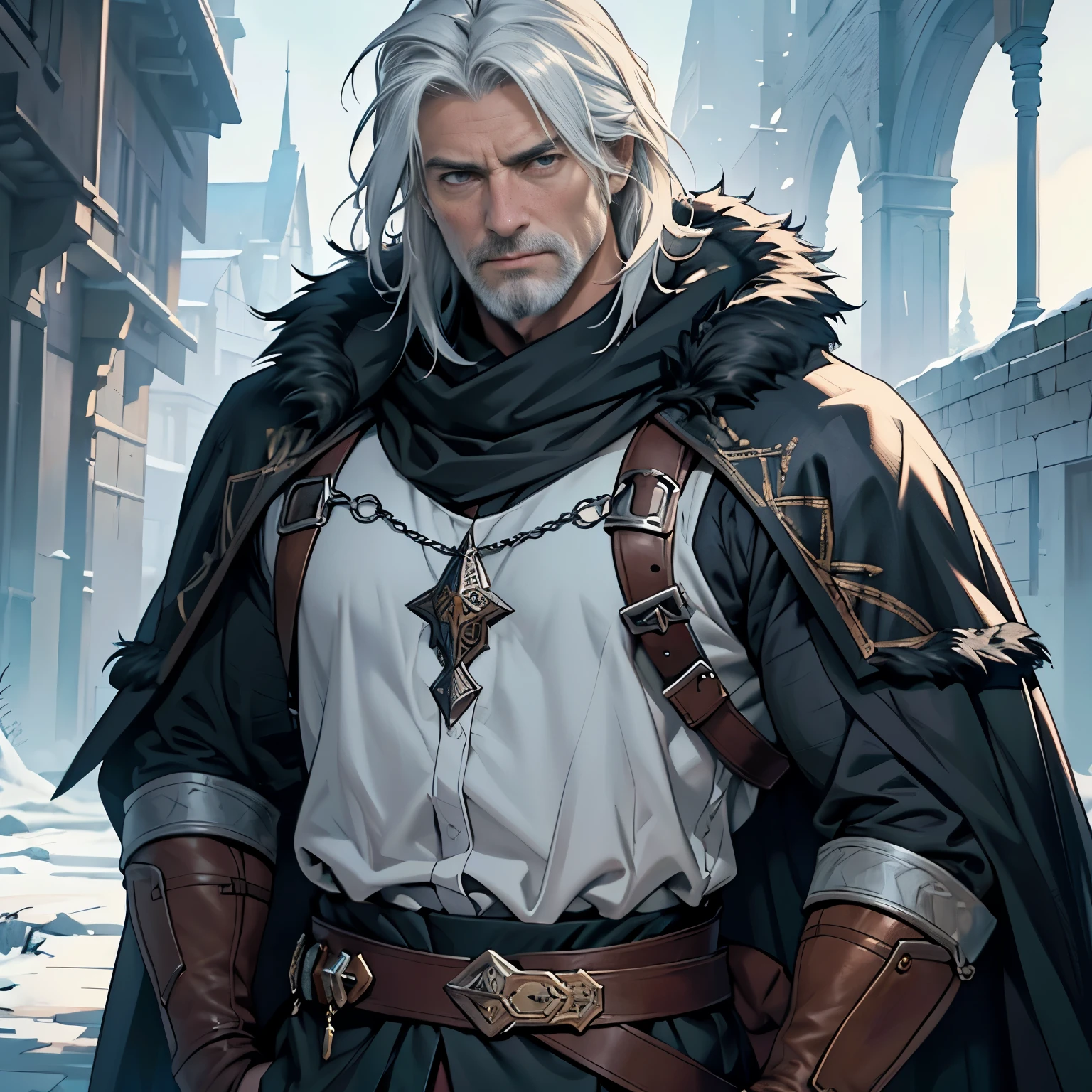 ((Best quality)), ((masterpiece)), ((realistic cartoon)), ((perfect character)):

In this stunning and highly detailed realistic cartoon, we present a Man of the North. The man stands tall, standard Northern aesthetic, but with a few twists, his outfits also include some black, to match the color of the animal fur black cloak he wears. His face is adorned with a medium, white beard, adding to his wise and aged appearance.

With a majestic European greatsword that carries on his back, this man exudes a fearsome warrior aura.

Every element of this masterpiece is carefully designed to create a sense of realism and immersion. The intricacies of the man's clothing, the mesmerizing effects of the area around him and he was in Winterfell, and the level of detail in his weathered face all contribute to a captivating visual experience. This artwork is presented in stunning UHD resolution, allowing you to appreciate every nuance and intricacy in breathtaking detail.

Eye level, scenic, masterpiece.