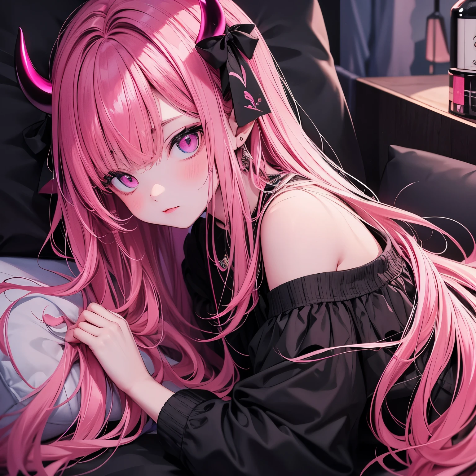 black, pink, demon girl, full body, on bed, zombie pose,