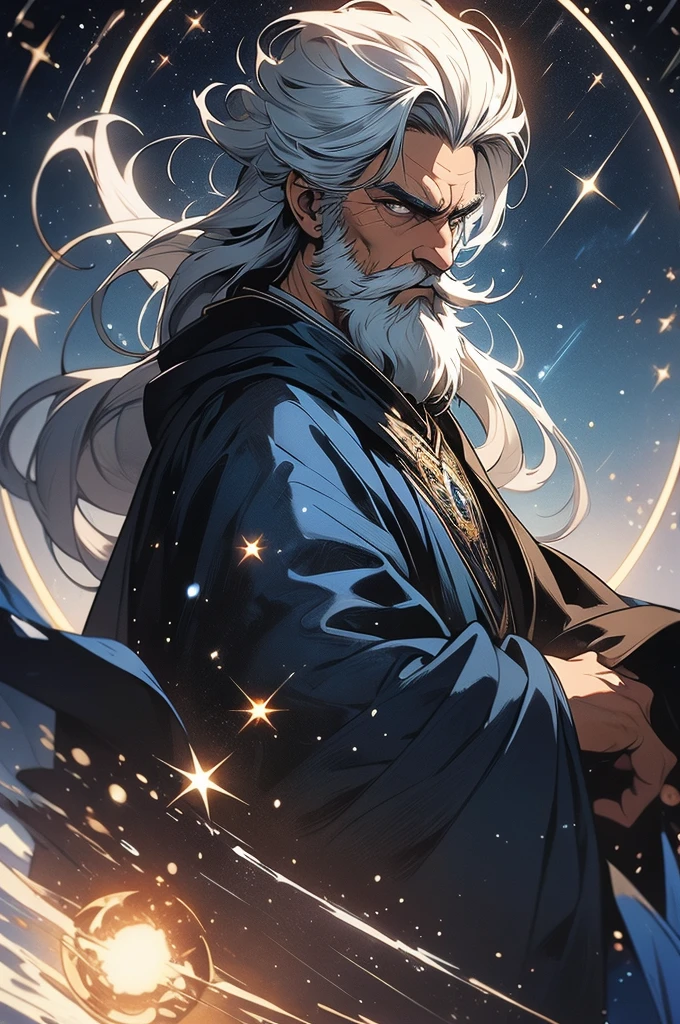 Kaelen has the appearance of an elderly sage, with graying hair and a long beard that floats lightly in the air. His eyes are deep and shine like a sky full of distant stars, showing his connection with the flow of time. He wears a long, simple dark blue cloak decorated with symbols of clocks and constellations. Around him, small particles of light, like stardust, constantly fluctuate, as if time were always around him, flowing erratically. (Image focused on the character's face)