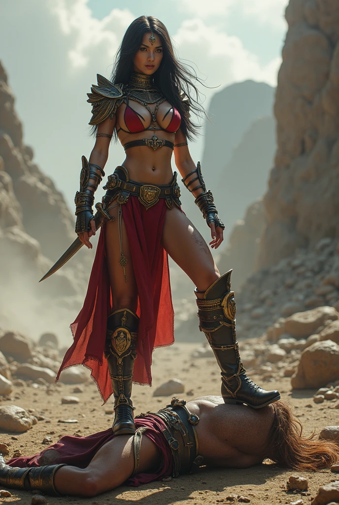 ultra reality, beautiful barbarian princess, upper body, cute, muscular, tight white bikini, criss-cross halter top, screaming, kneeling, attacked by enemy, beaten, injured, multiple bruises, bloody, combat, inside castle, dark lighting, medieval.
