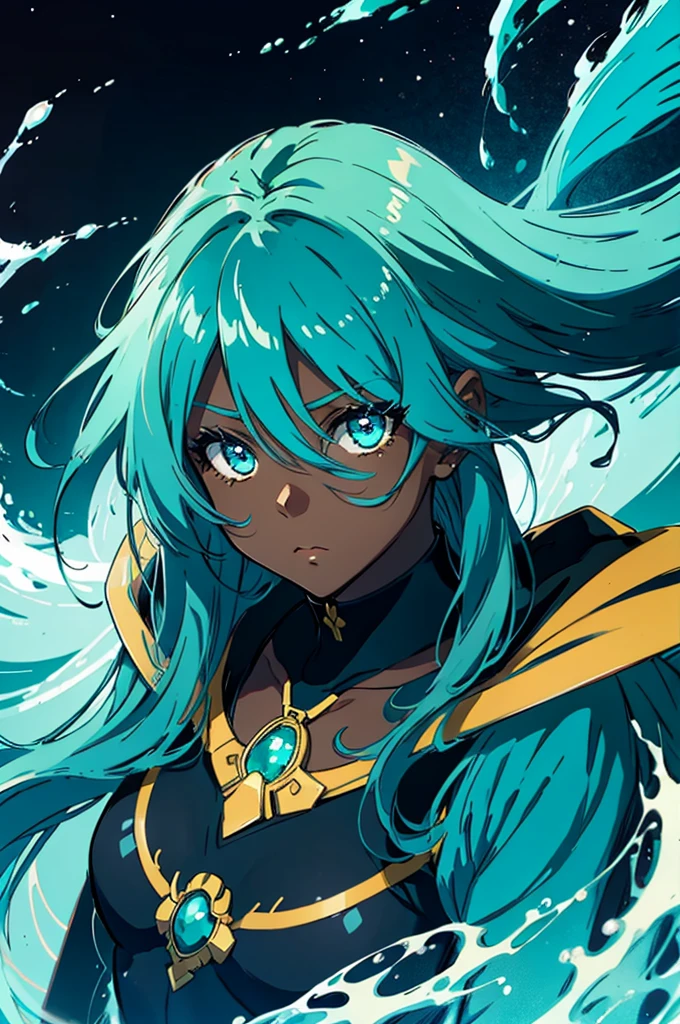 Dark skin, anime, long turquoise hair, turquoise eyes, cute