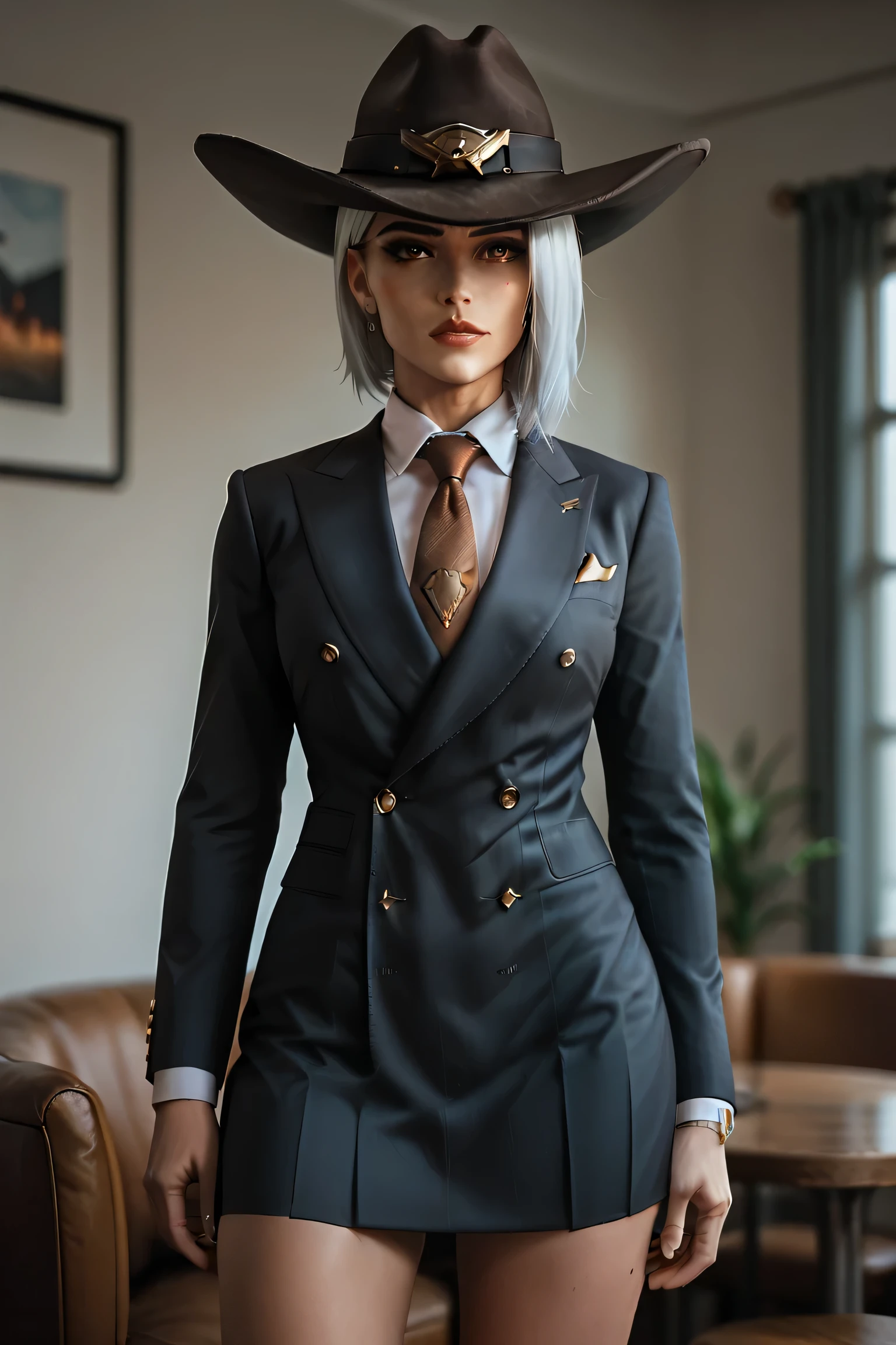 ashek1ck1x,  score_9, score_8_up, score_7_up, score_6_up, necktie, cowboy hat,  vest, blazer, three piece suit, skirt, (double-breasted suits), 1 girl