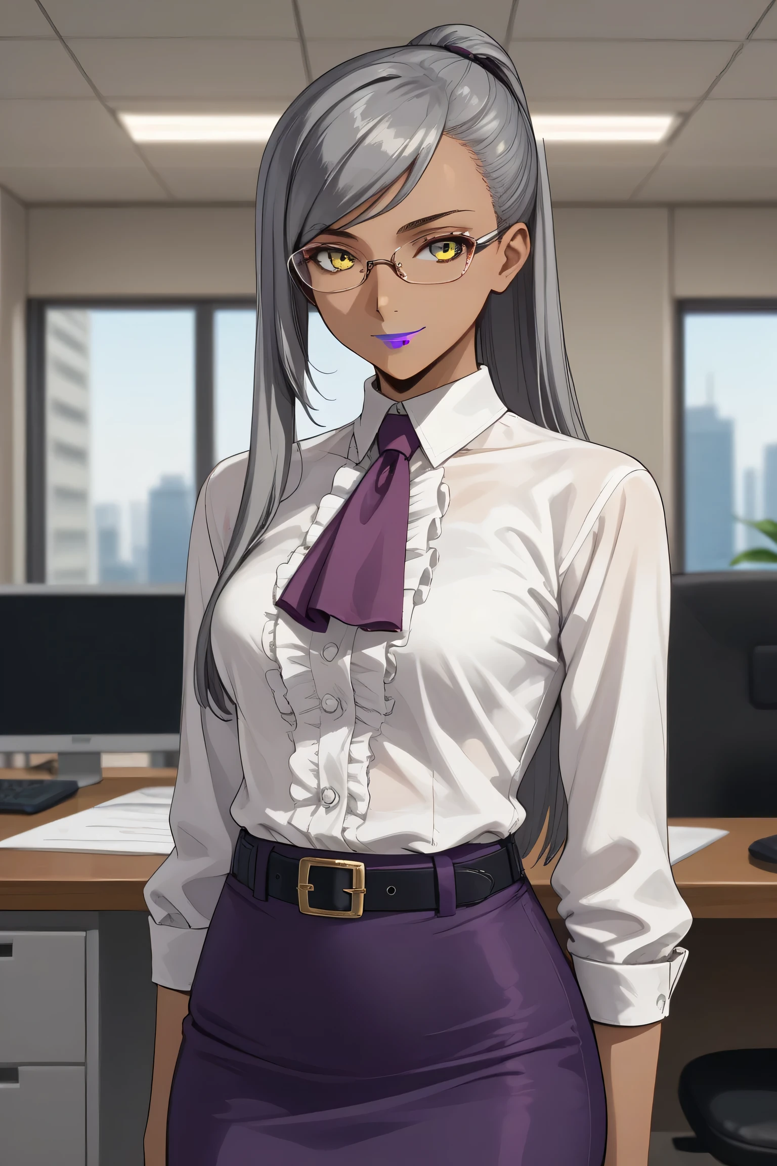 score_9, score_8_up,
1girl, closed mouth, light smile,
dark skin, dark-skinned female, long hair, grey hair, straight hair, swept bangs, yellow eyes, purple lips,
purple ascot, long sleeved shirt, silk shirt, white shirt, center frills, pencil skirt, purple skirt, high waisted skirt, belt
thighs, thigh gap, standing, arms at sides, looking at viewer,
office, blurry background, solo focus, indoors, glasses