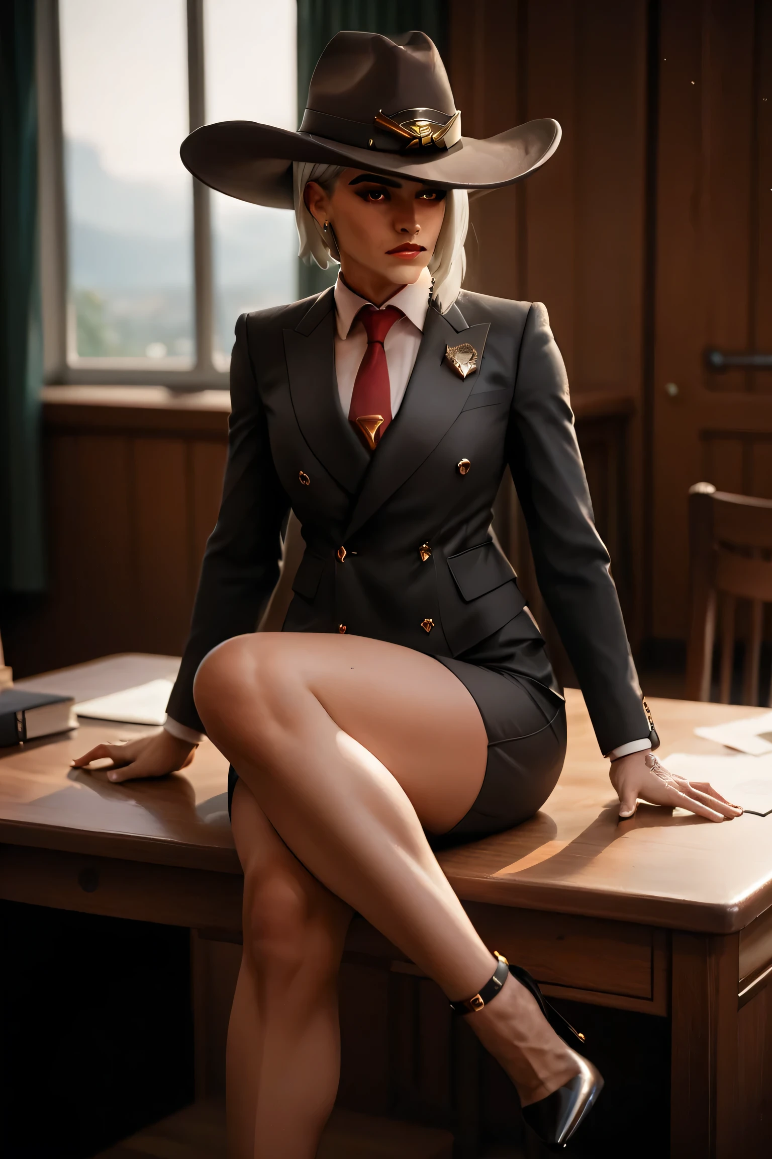 ashek1ck1x,  score_9, score_8_up, score_7_up, score_6_up, red necktie, cowboy hat,  vest, blazer, three piece suit, skirt, (double-breasted suits), 1 girl, buttoned collar, tight necktie, sitting on desk, crossed legs, high heels