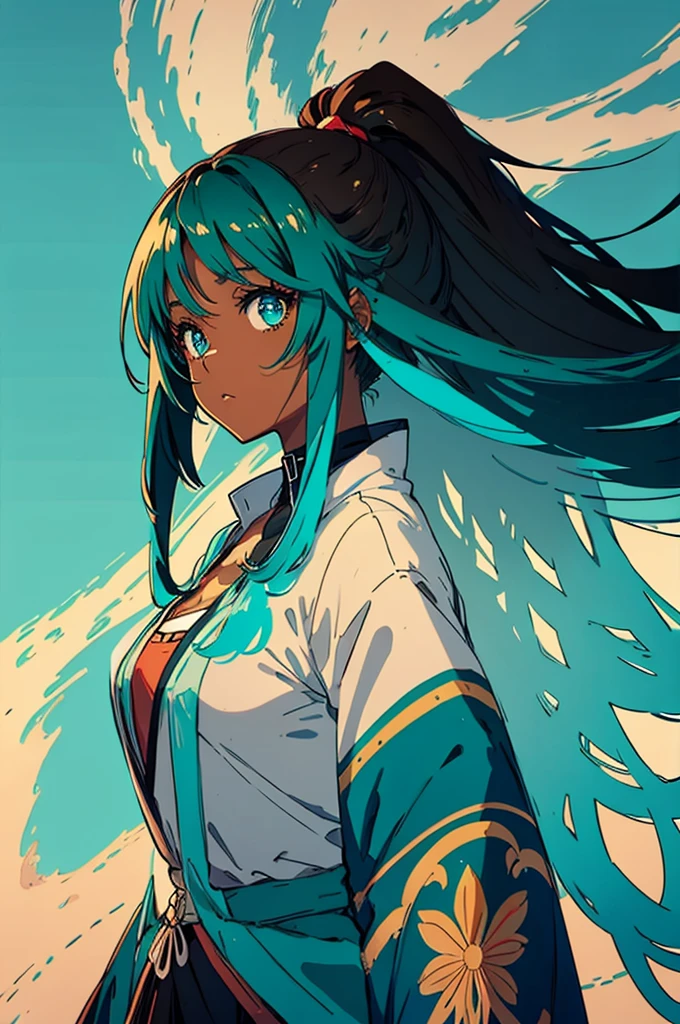 Brown skin, anime, long turquoise hair, turquoise eyes, cute