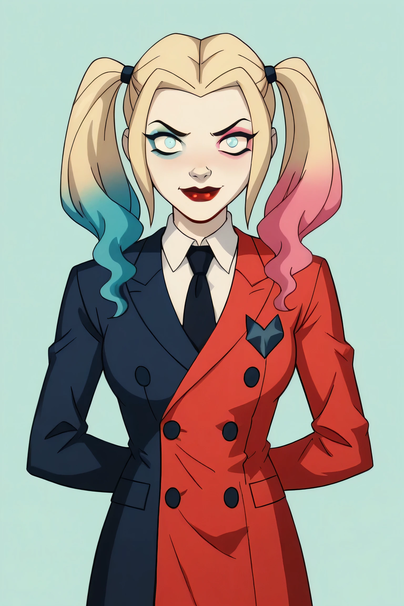 score_9, score_8_up, score_7_up, score_6_up, score_5_up, score_4_up, 1girl, twintails, multicolored hair, blonde hair, blue hair, pink hair, blue eyes, blazer, three piece suit, skirt, (double-breasted suits), 1 girl, buttoned collar, tight necktie, makeup, lipstick, red lips, standing, looking at viewer, blush, smile,
simple background,