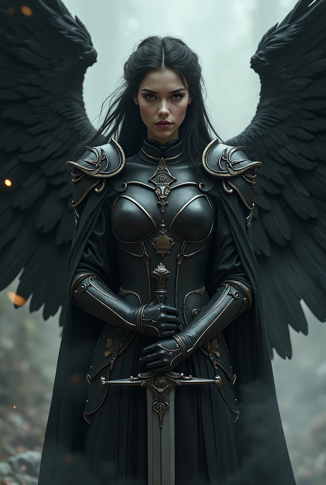 archangel master lucifer,war effect,REAL - style image of a woman with a dark sword in a field, cyberpunk art inspired by Leng Mei, cgsociety contest winner, fantasy art, beautiful Mistresses angel girl, angel knight girl, as a mystical valkyrie, battle angel, angel in sexy bondage, mechanized valkyrie girl, unreal engine 4k wallpaper, wraith from apex legends, epic divine angel wings