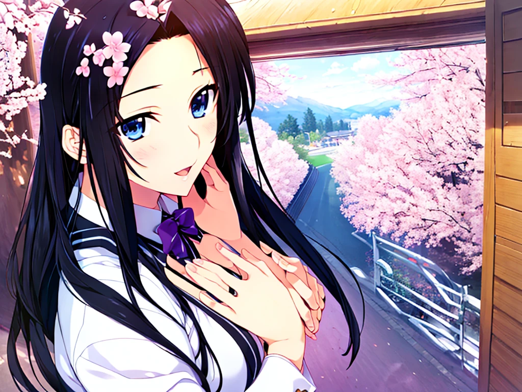 1 girl, (((((best quality, best detailed, ultra high resolution, extreme detailed))))), masterpiece, anime, anime screencap, solo, (((distant view))), country road lined with cherry blossom trees, looking at viewer, (((beautiful detailed face))), (((beautiful detailed eye))), (((beautiful body))), standing, cowboy shot:0.8, long black hair, ((parted bangs)), (((forehead hair))), blue eyes, kind smile, open mouth, blush, shiny skin, black blazer, winter school uniform, have a satchel, score_9, score_8_up, score_7_up, score_6_up
