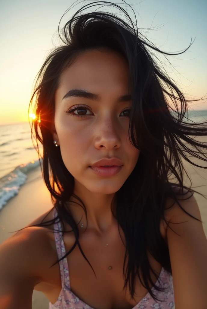 A beautiful Instagram model, making a selfie ,  (long black hair, wearing a beautiful outfit) , full body view, ((big boobs)), (hourglass figure), (white girl), detailed face, beautiful eyes, luscious lips, cinematic lighting, photorealistic, highres, 8k, (best quality:1.2), (realistic:1.37) , (full body view), outside, selfie 