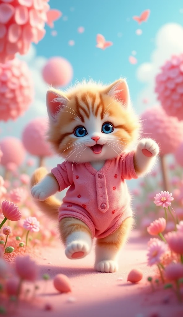 Yellow kitten in pink clothes lying on the grass 