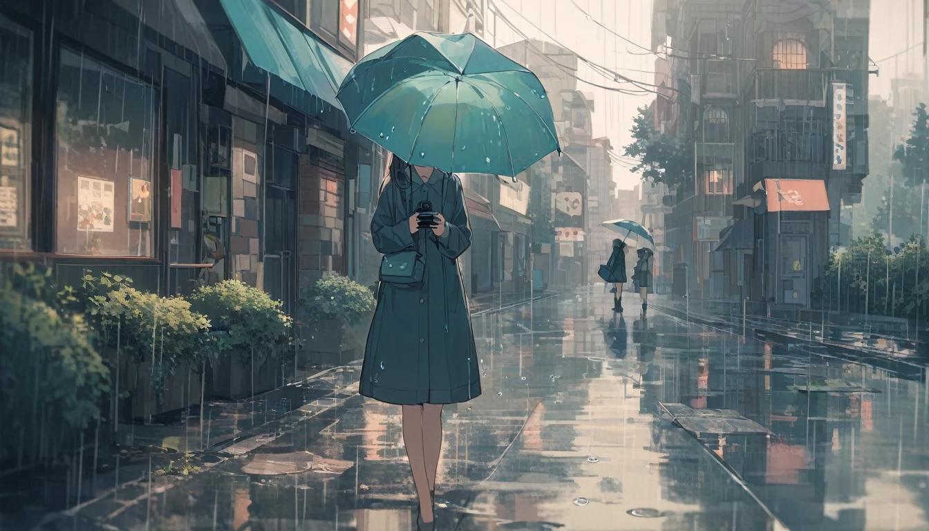 A high school girl holding a camera on a rainy day, walking under a clear umbrella. She gazes at the city streets glistening with rain, fascinated by the reflections in puddles and the soft patter of raindrops. Her camera is poised to capture the beauty of the moment, even as raindrops gently land on her lens. The scene is peaceful and atmospheric, with cool tones and soft light reflecting off the wet pavement. The rain adds a serene, almost melancholic charm to her quiet exploration of the world through her camera.