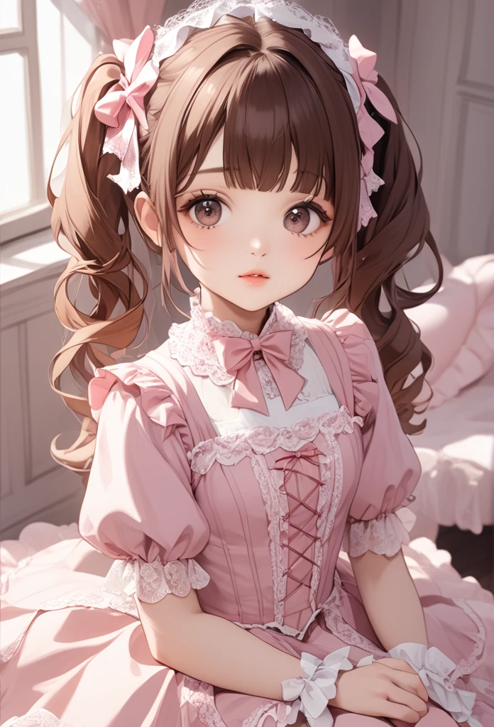 A beautiful girl with long Brown hair, twin tails and a ribbon on her head. She is wearing a pink　gothic ****ta outfit with lots of lace . Cute and beautiful.