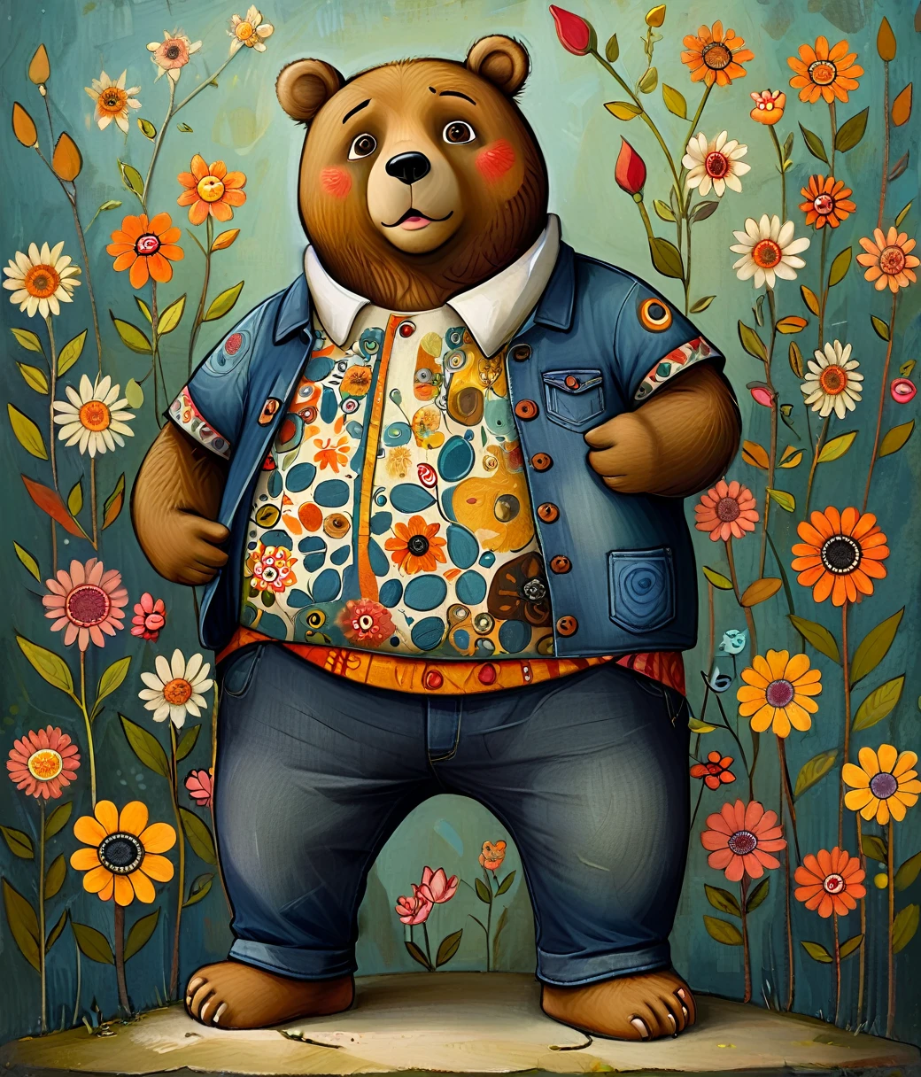 style of Karla Gerard, (cute, fat, obese, anthro, male, bear), solo, full body, ((pants)), dynamic pose, hires textures, highly detailed, intricate details, best quality, masterpiece, detailxl