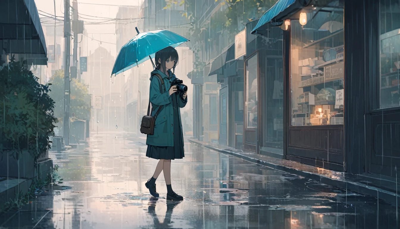 A high school girl holding a camera on a rainy day, walking under a clear umbrella. She gazes at the city streets glistening with rain, fascinated by the reflections in puddles and the soft patter of raindrops. Her camera is poised to capture the beauty of the moment, even as raindrops gently land on her lens. The scene is peaceful and atmospheric, with cool tones and soft light reflecting off the wet pavement. The rain adds a serene, almost melancholic charm to her quiet exploration of the world through her camera.