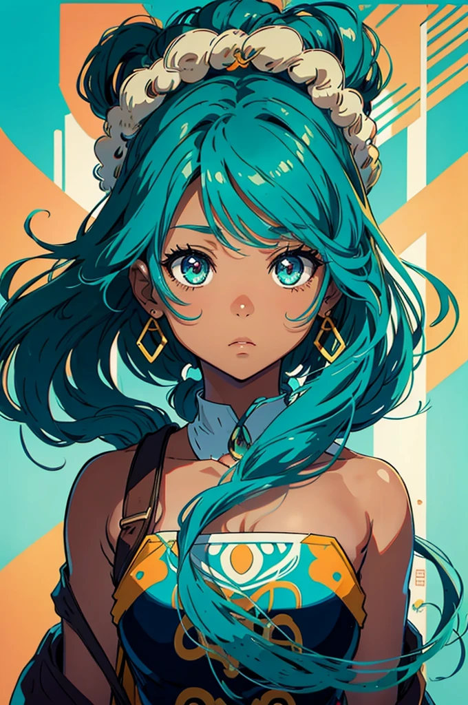 Brown skin, anime, long turquoise hair, cute face