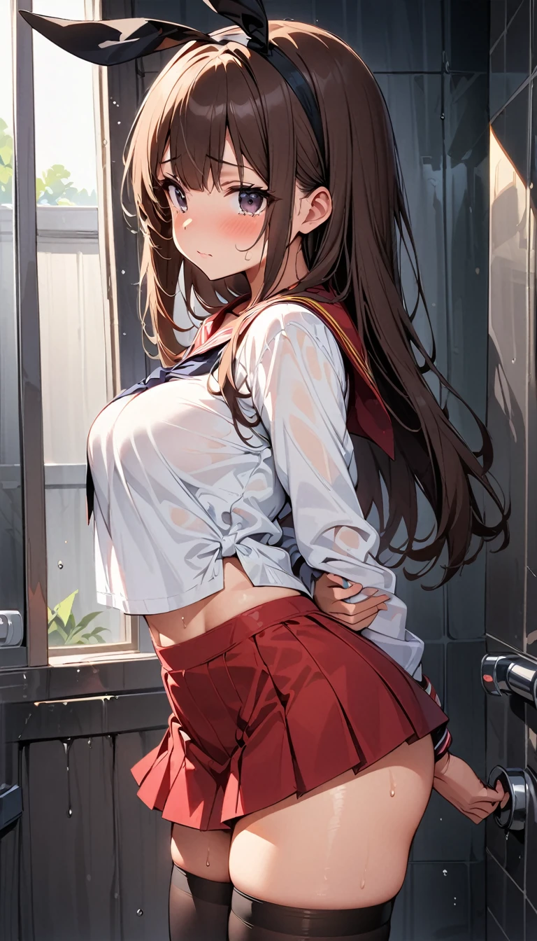 (curvy, medium breasts, tented shirt), (Sticky Sailor uniform, mini skirt), (1girl, shimakaze, kantai collection), beautiful detailed eyes, black eyes,(cute eyes), black thigh highs, arms behind back, (Carving Waistline), Shower room, (cowboy shot, from left side), Best Quality, Super detailed, masterpiece, Ultra-high resolution, 8k, Embarrassing, blush, Nice, (With tears in my eyes), closed mouth, sweat, (from left side), (from left side)