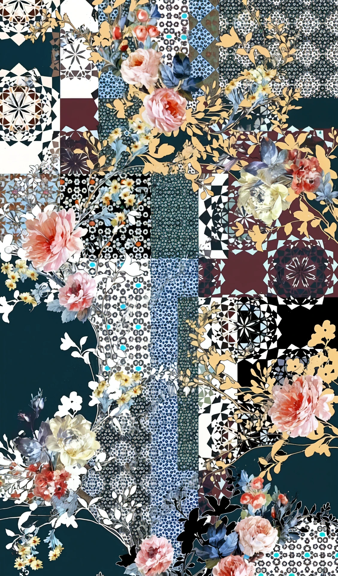Set pattern of large flowers of defined shape, flat style, vector style, drawing style, naïve style, in soft pastel colors such as old pink, pastel blue, light blue, beige, pastel yellow.