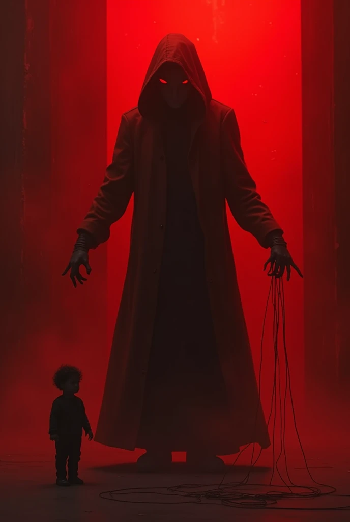 red theme, horror, 1boy, black hair, hood, hood up, crossed arms, solo, size difference, monster, ghost, glowing, glowing eyes, bones, <lora:gardian_or_stand-08:0.8>