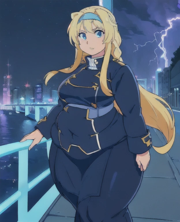 ((best quality, 4k, 8k, anime girl, masterpiece)), ((((beautiful extremely detailed face, beautiful eyes, lips)))), blue eyes, cinematic lighting, perfect anatomy, ((alice synthesis thirty)), (((chubby, SSBBW, very obese, small tits))), (((very tight outfit, bearly fitting outfit, navy buttoned coat, long skirt, (JK uniform),))), (full body view), ((blonde, glowing hair, long hair, blue headband)), (((very wide waist, thick waist))), ((fully clothed)), slight smile, ((city lights, highway, bridge, lightning)), ((thick outlines, anime style, vibrant colours)),