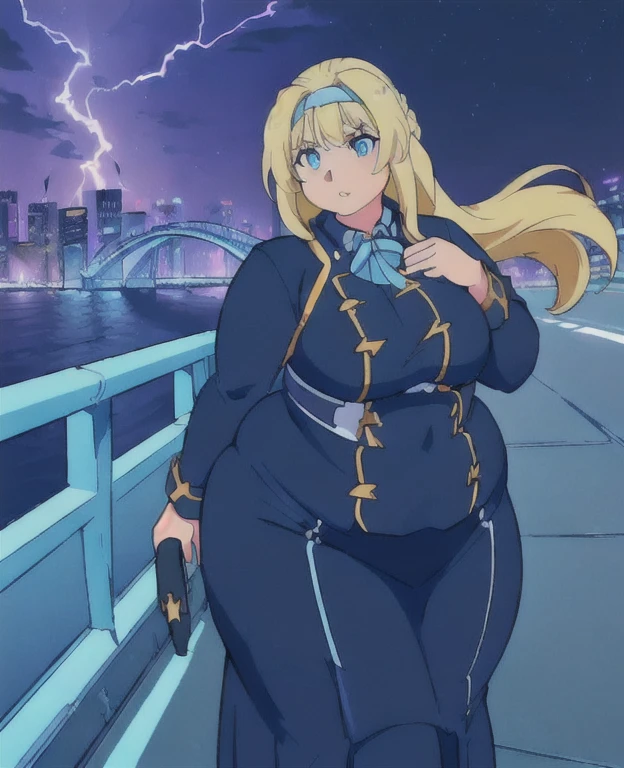 ((best quality, 4k, 8k, anime girl, masterpiece)), ((((beautiful extremely detailed face, beautiful eyes, lips)))), blue eyes, cinematic lighting, perfect anatomy, ((alice synthesis thirty)), (((chubby, SSBBW, very obese, small tits))), (((very tight outfit, bearly fitting outfit, navy buttoned coat, long skirt, (JK uniform),))), (full body view), ((blonde, glowing hair, long hair, blue headband)), (((very wide waist, thick waist))), ((fully clothed)), slight smile, ((city lights, highway, bridge, lightning)), ((thick outlines, anime style, vibrant colours)),