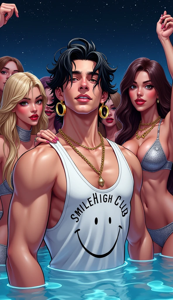 (((best quality))), muito detalhado, High resolution, 1 thin male, white teen boy 20 years old with medium length black hair, shaved, 9 women female, blondie hair and Latinas, clear green eyes, fleshy lips, heavy make-up, beautiful blonde with huge breasts, naked, Luciana Vendramini'Dude, Hourglass body, super realistic, fucking and moaning, natta, outdoor, comic