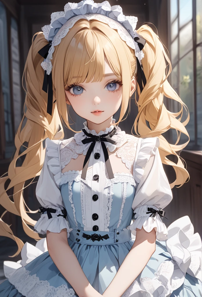 A beautiful girl with long Blonde hair, twin tails and a ribbon on her head. She is wearing a light　blue　and　white gothic lolita outfit with lots of lace . Cute and beautiful.