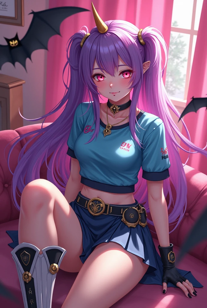 female vampire, white skin, bloody fangs, purple hair, violet eyes, playing a video game. --auto --s2