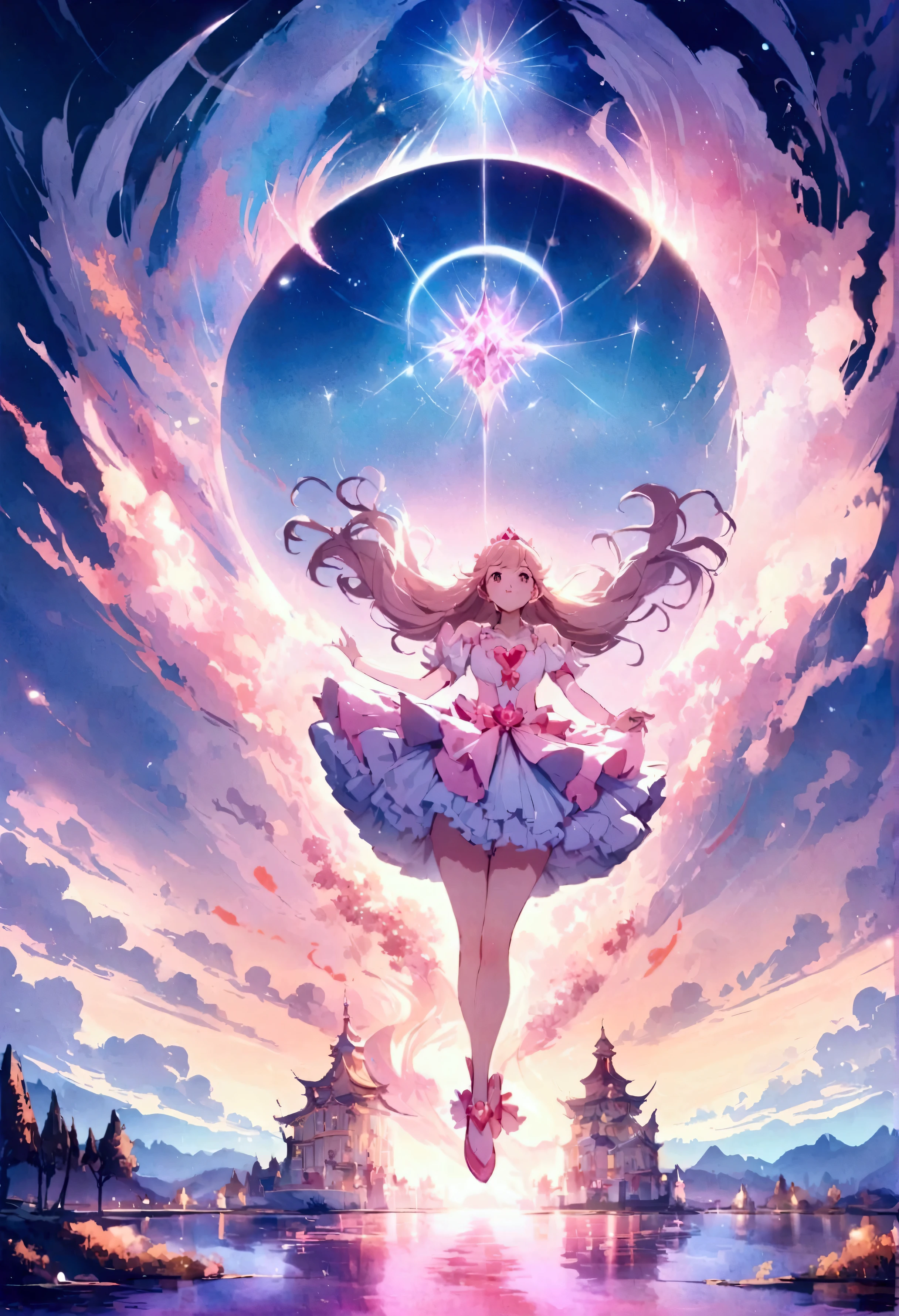 A girl in a dress flying through the air with a star above her - SeaArt AI