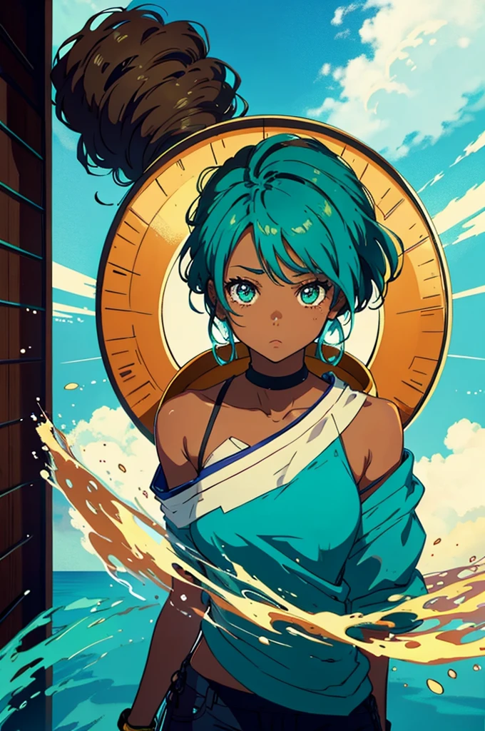 Brown skin, anime, turquoise , cute face