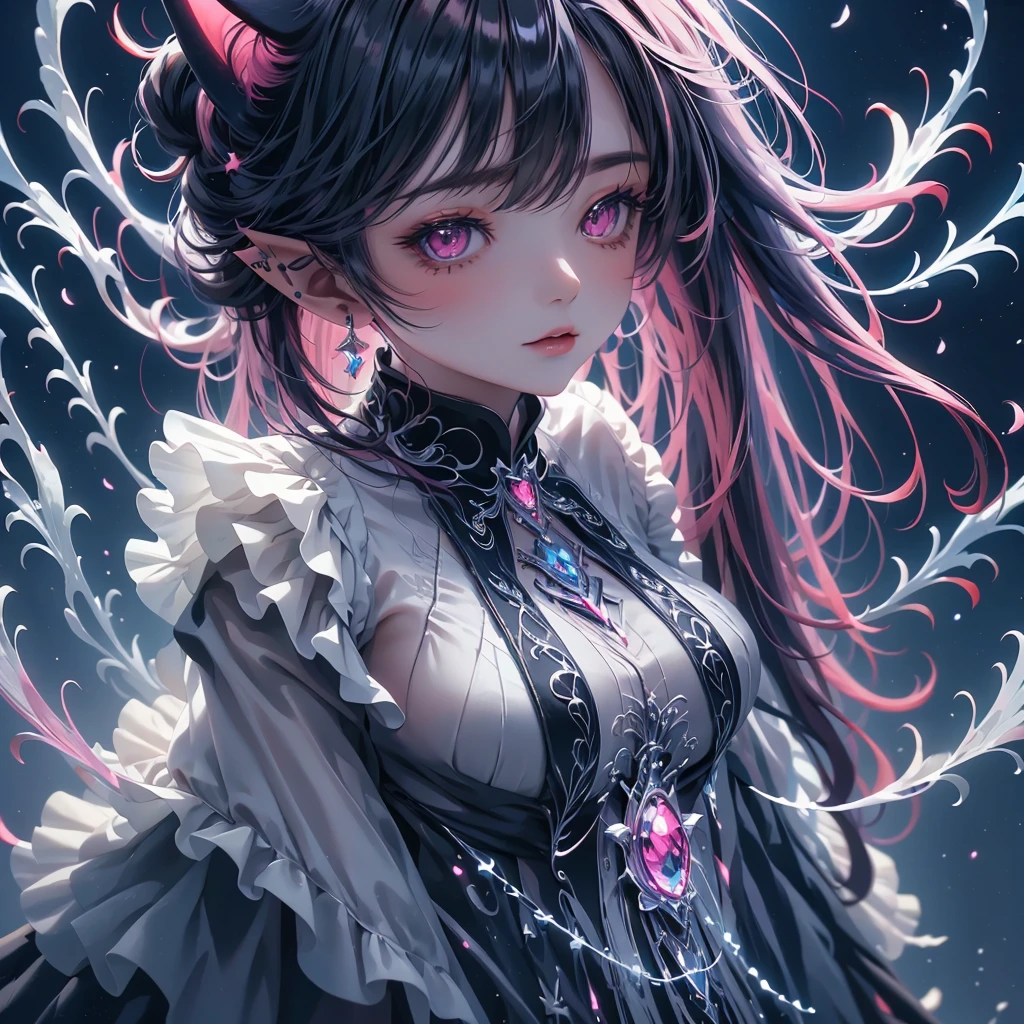 (masterpiece), Best Quality, Ultra-high resolution,Devil with a black ribbon、Pink Hair、Pink eyes、night scene Solo, Long Hair, HD, Large breasts, Cat Ears, Pointy Ears, Cowboy Shot, Sparkle, Impressionism, 3D Rendering, 