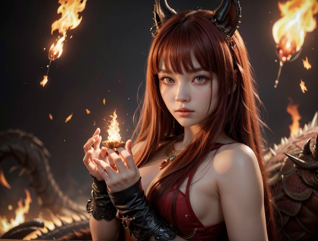 (((Realistic, masterpiece, best quality, crisp detail, high definition, high detail, very rich detail, sharp focus, sharp detail, colorful, rich color, cinematic, perfect studio lightning, full body photograph))), 20 years old ((demon)), evil smile, ((fully naked, fully nude)), ((big breast, arroused, temptating the viewer, showing pussy)), ((burned head)), kasumi arimura, ((wide diabolos wings, burned diabolos tail)), ((red color eyes, glowing eyes, fire breath)), ((she has very long sharp nails)), ((alot of red liquid on her body, red liquid on her face)), showing pussy, ((spreading legs in scorchinf fire cavern, molten lava)), human skulls and bones anywhere, ((there are fire dragons behind)), (tied by dragons tail)